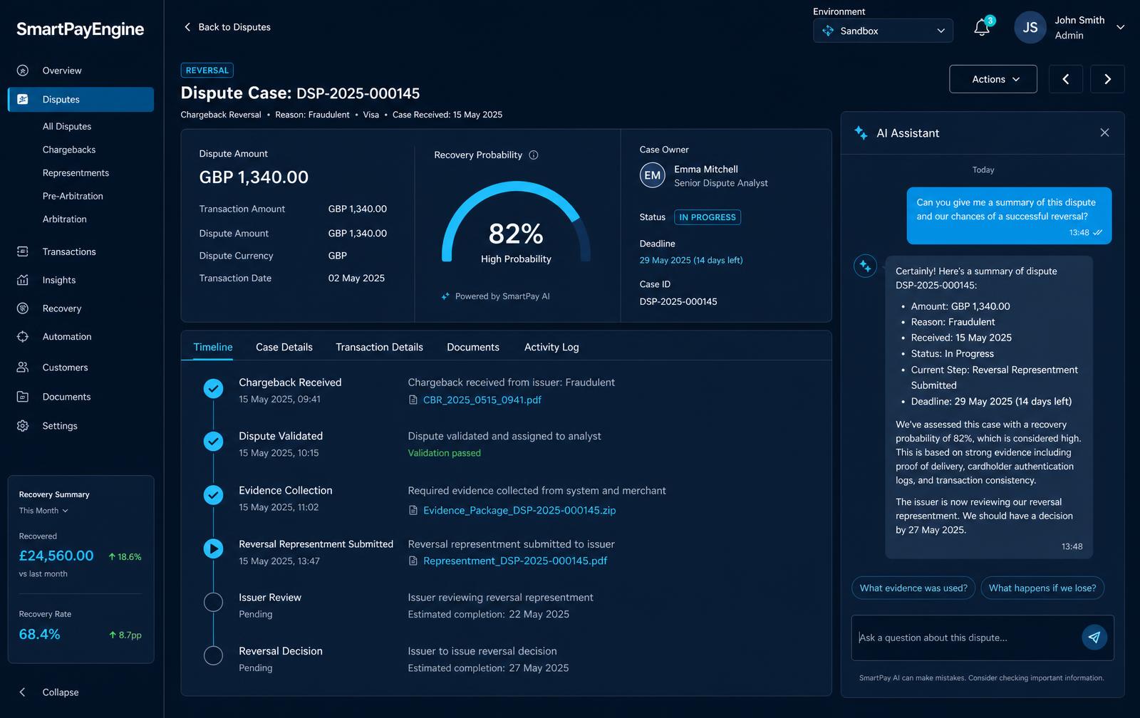 SmartPayEngine sandbox GBP dispute case with its timeline and assistant panel